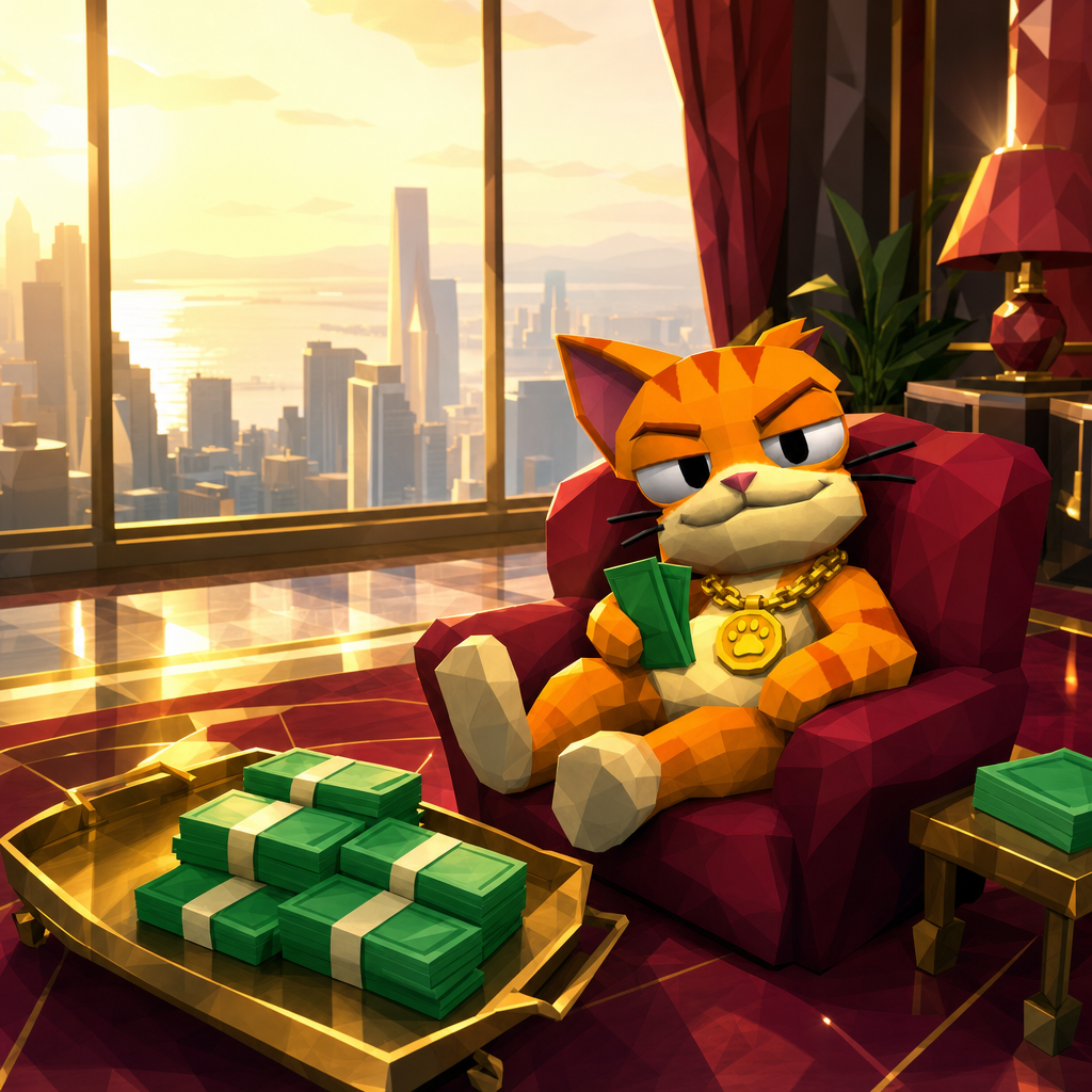 Rich Cat lounging in a red armchair in a penthouse at sunrise, a gold tray of cash stacks beside him